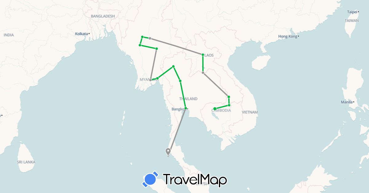 TravelMap itinerary: driving, bus, plane in Cambodia, Laos, Myanmar (Burma), Thailand (Asia)